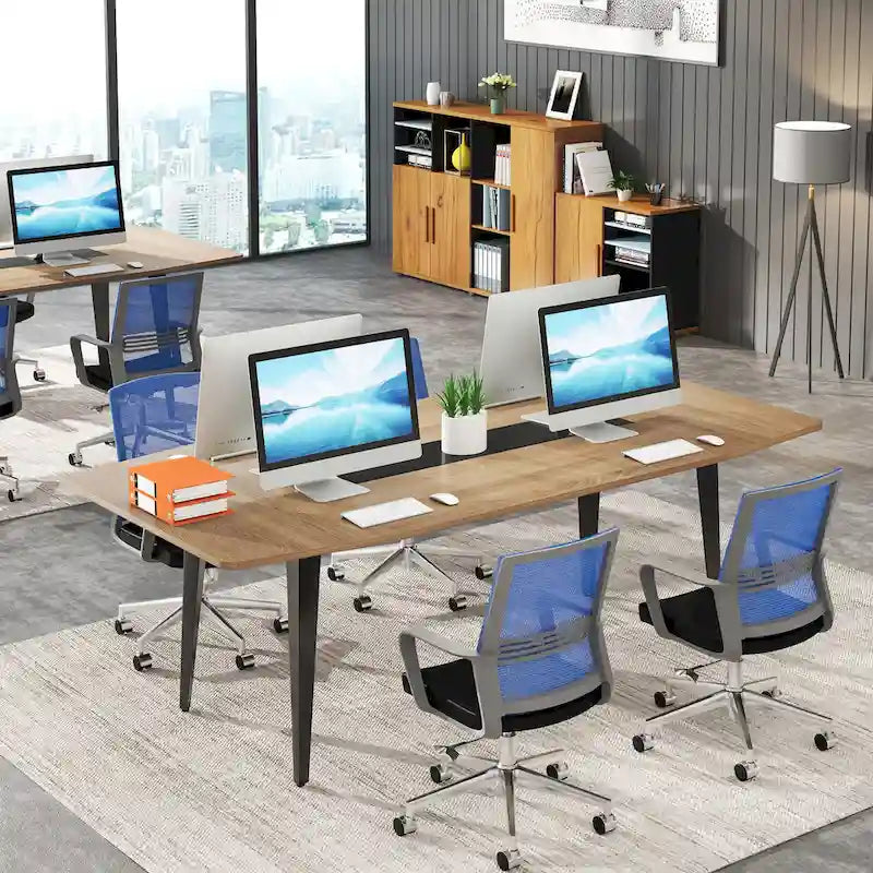 6FT Boat-Shaped Conference Table, Light Wood Grain / Grey / White, Seats 6–8
