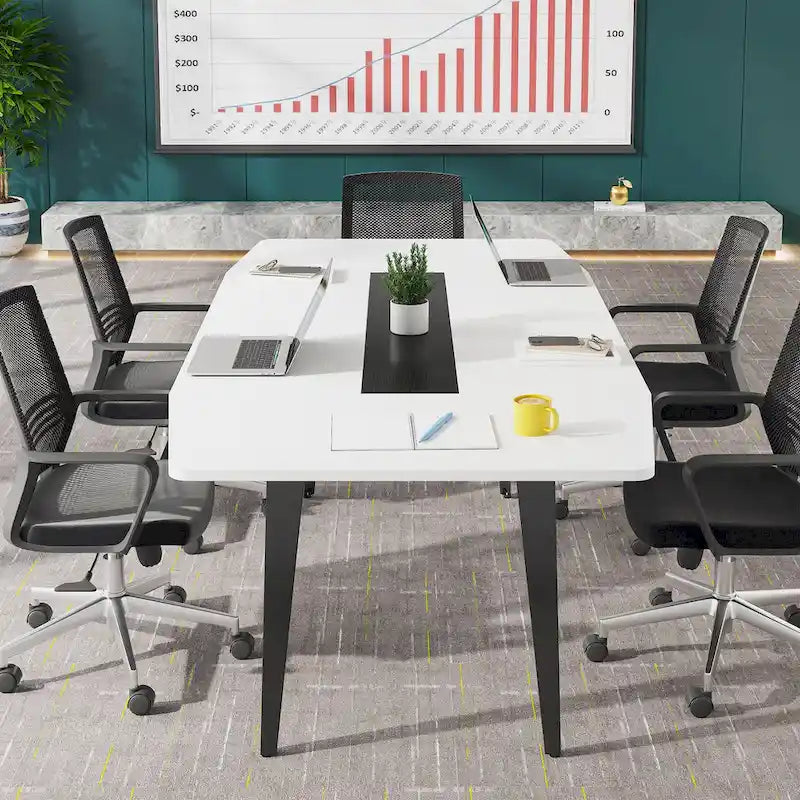 6FT Boat-Shaped Conference Table, Light Wood Grain / Grey / White, Seats 6–8