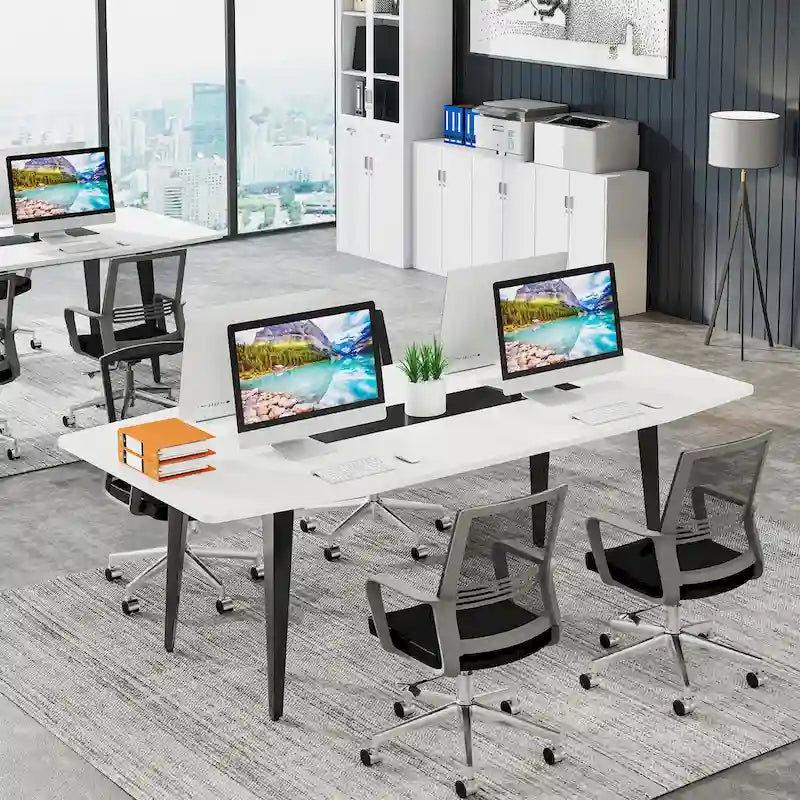 6FT Boat-Shaped Conference Table, Light Wood Grain / Grey / White, Seats 6–8