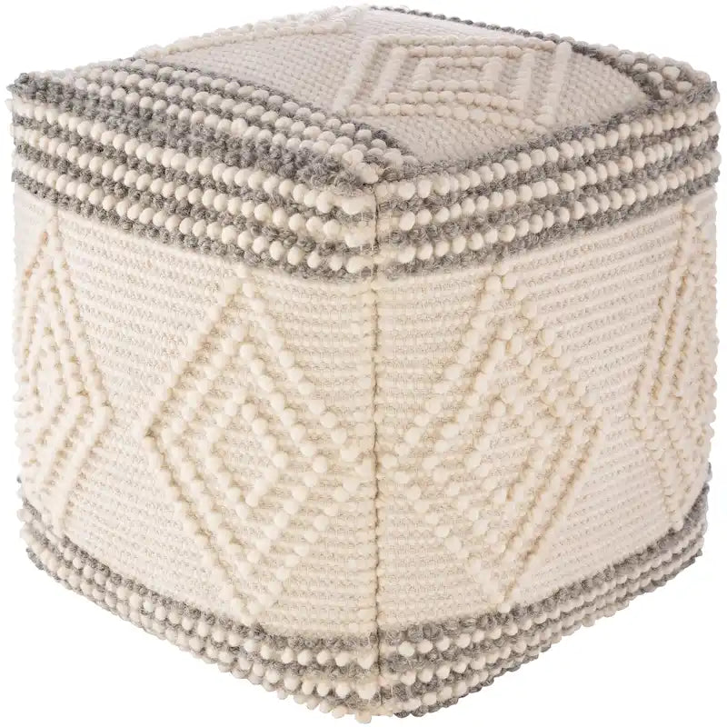 Hand-Woven Cube Pouf, Charcoal / White, Boho Style, Seats 1