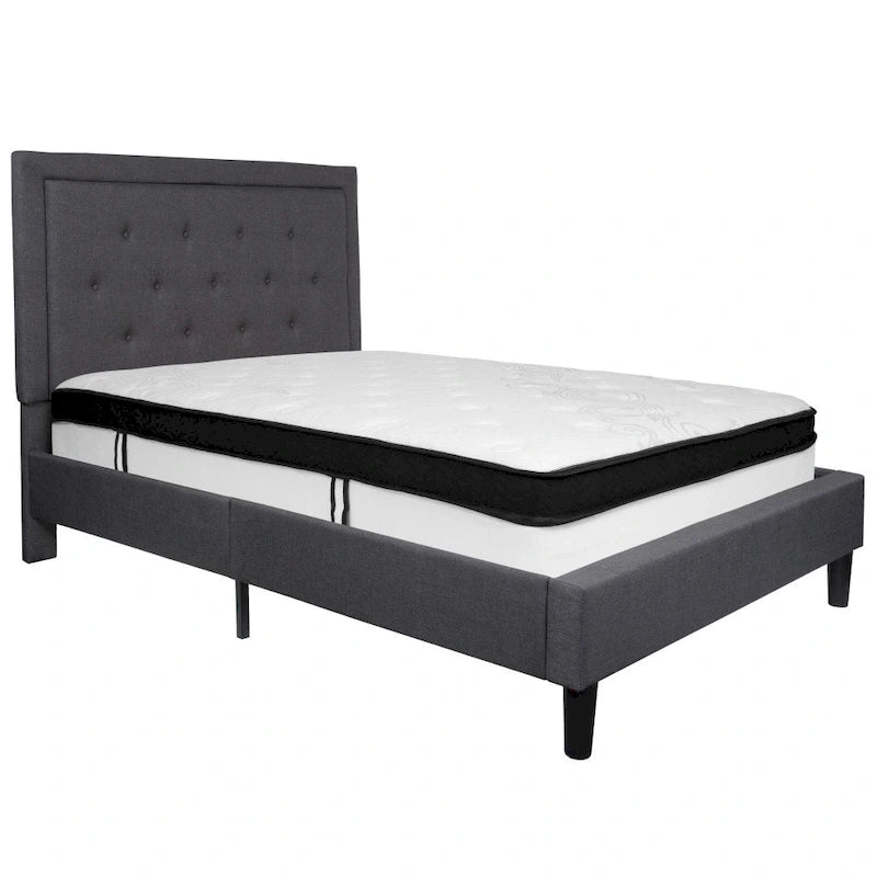 Button Tufted Platform Bed & Pocket Spring Mattress Set – Dark Gray / Beige / Light Gray / Black – Twin / Full / Queen / King – 1-2 Person
