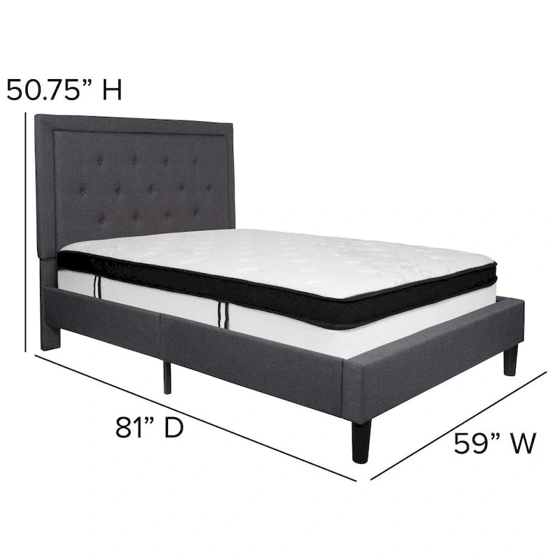 Button Tufted Platform Bed & Pocket Spring Mattress Set – Dark Gray / Beige / Light Gray / Black – Twin / Full / Queen / King – 1-2 Person