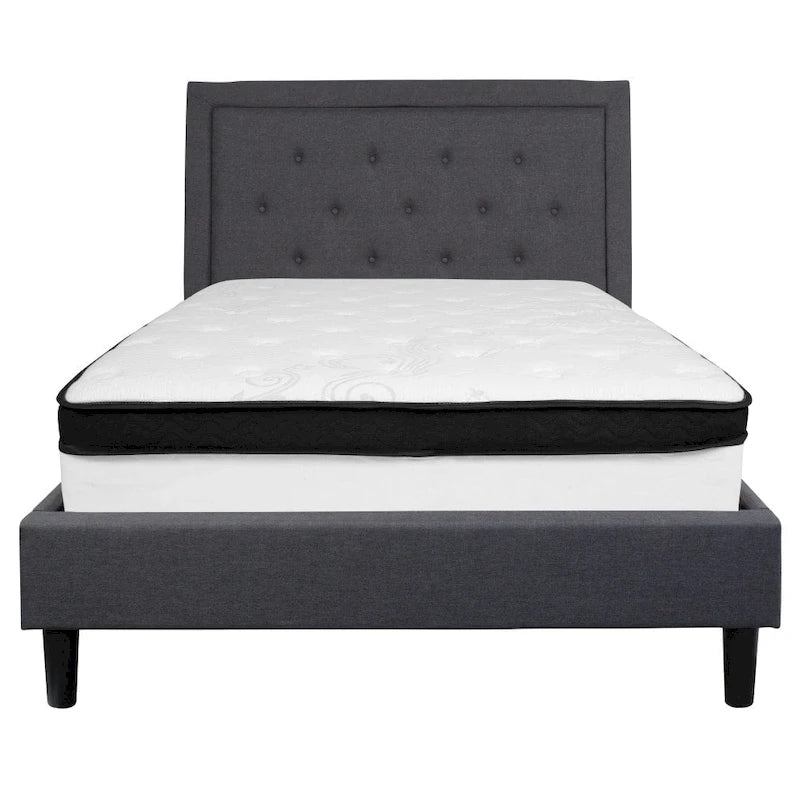 Button Tufted Platform Bed & Pocket Spring Mattress Set – Dark Gray / Beige / Light Gray / Black – Twin / Full / Queen / King – 1-2 Person
