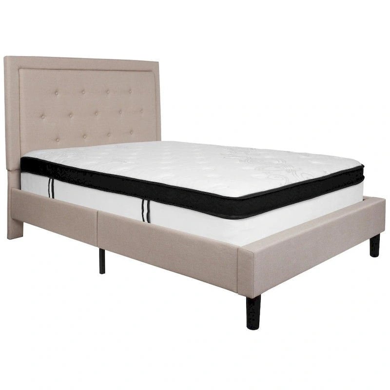 Button Tufted Platform Bed & Pocket Spring Mattress Set – Dark Gray / Beige / Light Gray / Black – Twin / Full / Queen / King – 1-2 Person