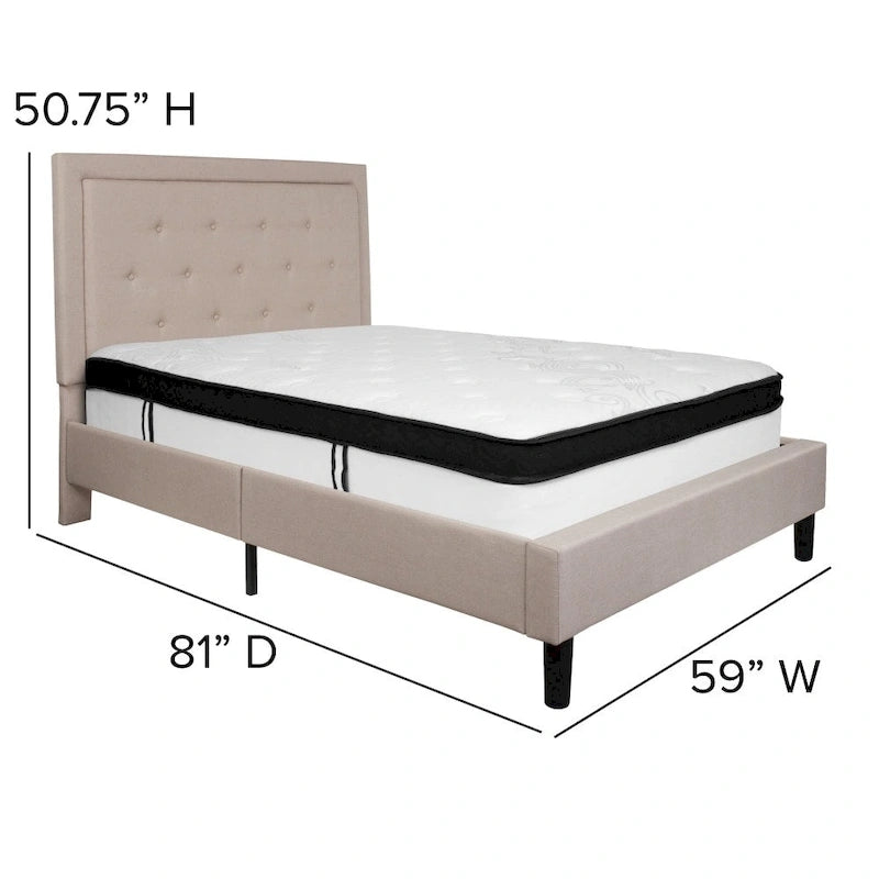 Button Tufted Platform Bed & Pocket Spring Mattress Set – Dark Gray / Beige / Light Gray / Black – Twin / Full / Queen / King – 1-2 Person