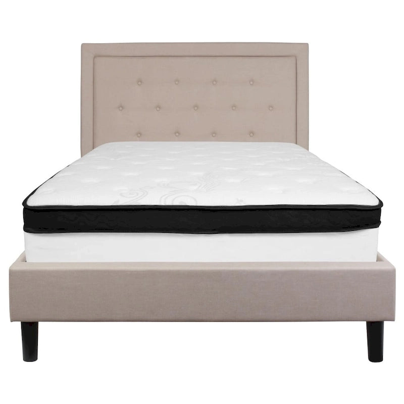 Button Tufted Platform Bed & Pocket Spring Mattress Set – Dark Gray / Beige / Light Gray / Black – Twin / Full / Queen / King – 1-2 Person