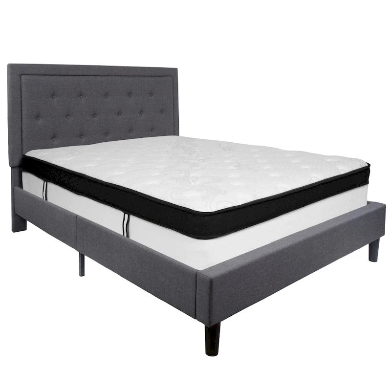 Button Tufted Platform Bed & Pocket Spring Mattress Set – Dark Gray / Beige / Light Gray / Black – Twin / Full / Queen / King – 1-2 Person