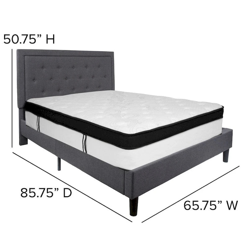 Button Tufted Platform Bed & Pocket Spring Mattress Set – Dark Gray / Beige / Light Gray / Black – Twin / Full / Queen / King – 1-2 Person