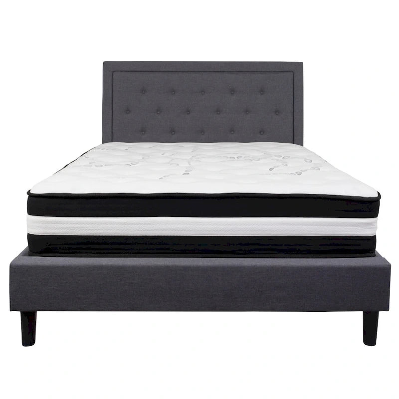 Button Tufted Platform Bed & Pocket Spring Mattress Set – Dark Gray / Beige / Light Gray / Black – Twin / Full / Queen / King – 1-2 Person