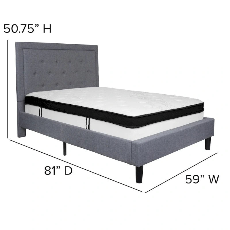Button Tufted Platform Bed & Pocket Spring Mattress Set – Dark Gray / Beige / Light Gray / Black – Twin / Full / Queen / King – 1-2 Person