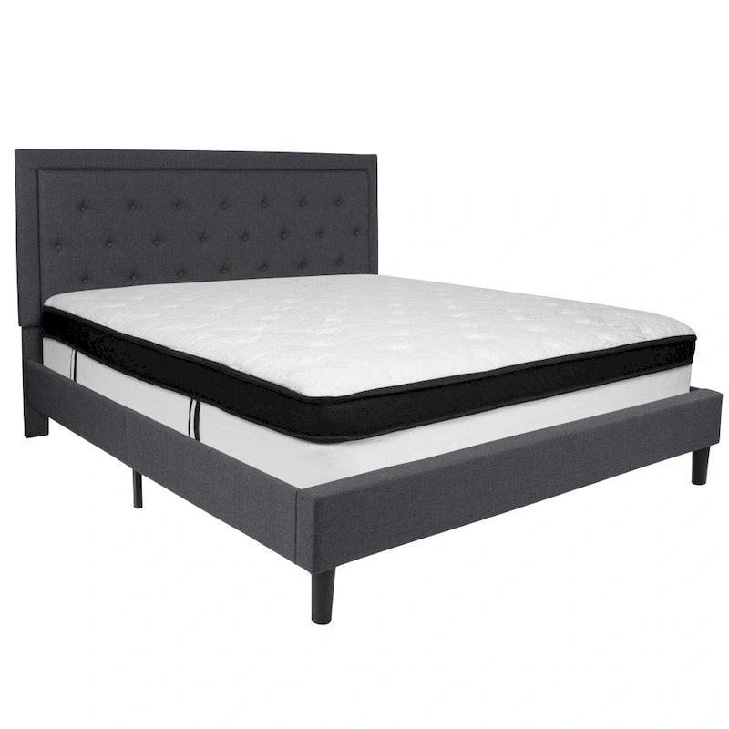 Button Tufted Platform Bed & Pocket Spring Mattress Set – Dark Gray / Beige / Light Gray / Black – Twin / Full / Queen / King – 1-2 Person