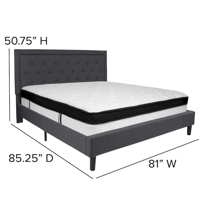 Button Tufted Platform Bed & Pocket Spring Mattress Set – Dark Gray / Beige / Light Gray / Black – Twin / Full / Queen / King – 1-2 Person