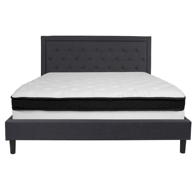 Button Tufted Platform Bed & Pocket Spring Mattress Set – Dark Gray / Beige / Light Gray / Black – Twin / Full / Queen / King – 1-2 Person