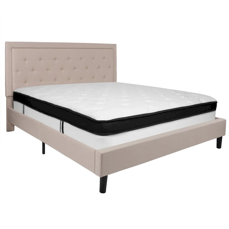 Button Tufted Platform Bed & Pocket Spring Mattress Set – Dark Gray / Beige / Light Gray / Black – Twin / Full / Queen / King – 1-2 Person