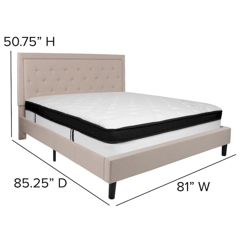 Button Tufted Platform Bed & Pocket Spring Mattress Set – Dark Gray / Beige / Light Gray / Black – Twin / Full / Queen / King – 1-2 Person