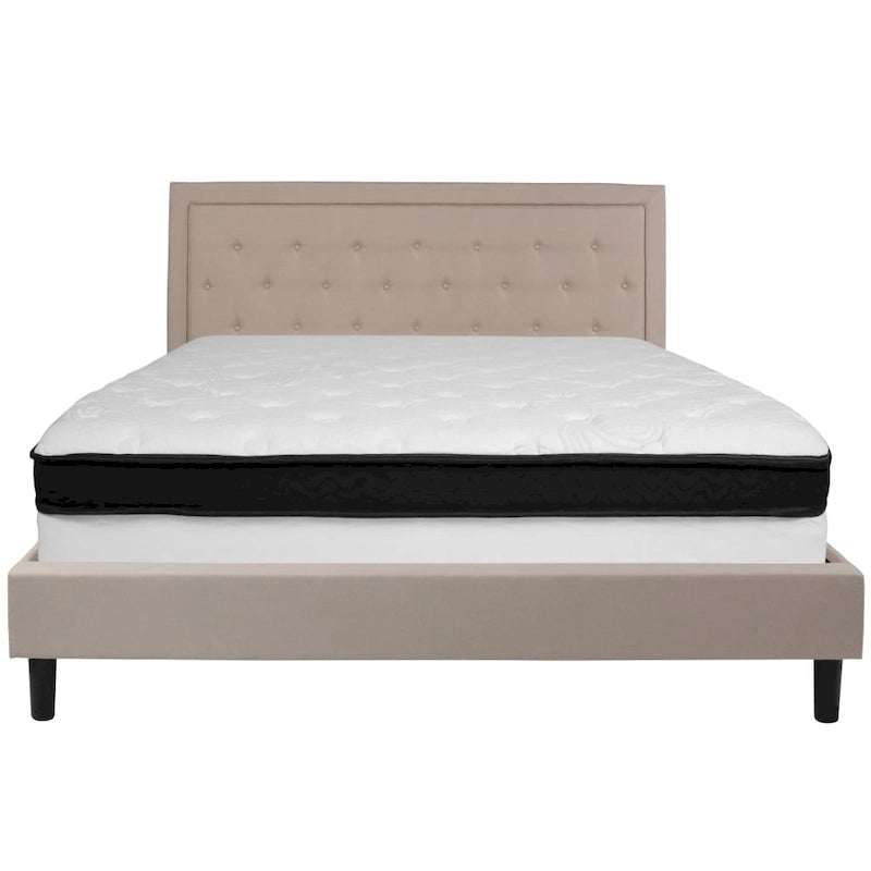 Button Tufted Platform Bed & Pocket Spring Mattress Set – Dark Gray / Beige / Light Gray / Black – Twin / Full / Queen / King – 1-2 Person