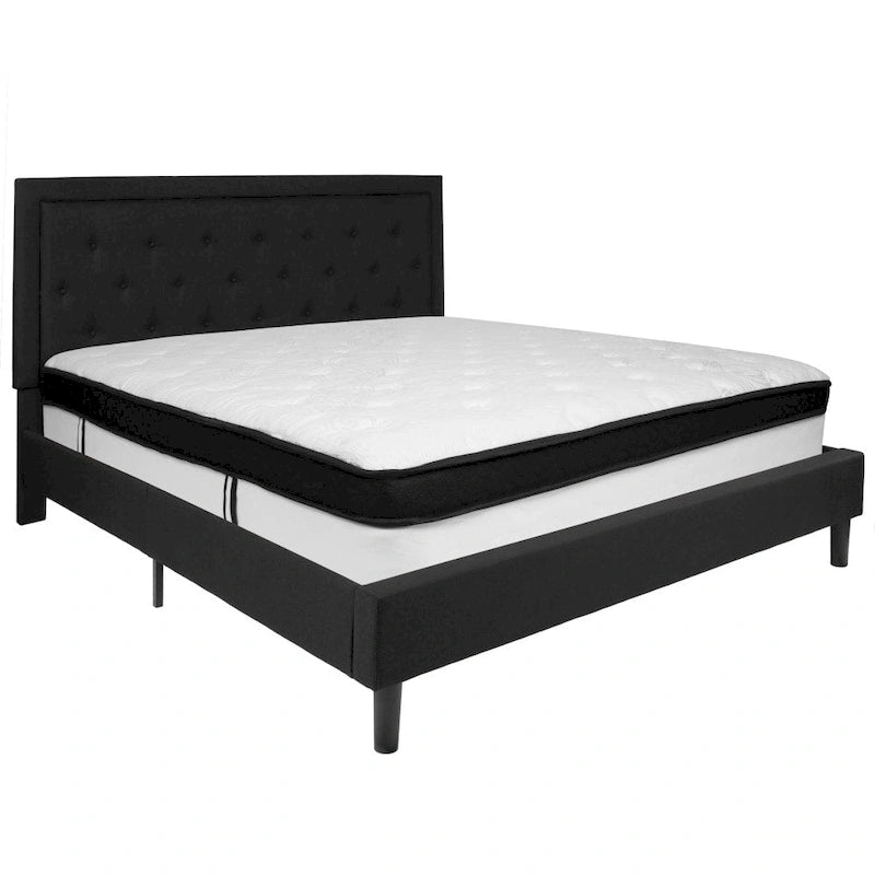 Button Tufted Platform Bed & Pocket Spring Mattress Set – Dark Gray / Beige / Light Gray / Black – Twin / Full / Queen / King – 1-2 Person