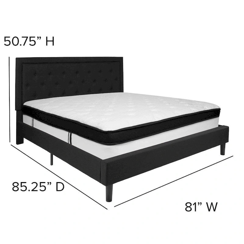 Button Tufted Platform Bed & Pocket Spring Mattress Set – Dark Gray / Beige / Light Gray / Black – Twin / Full / Queen / King – 1-2 Person