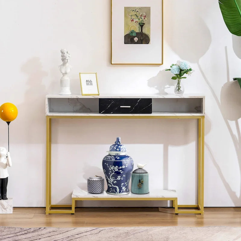 Gold Wood Nordic Console Table with Drawer & 2 Shelves