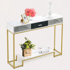 Gold Wood Nordic Console Table with Drawer & 2 Shelves