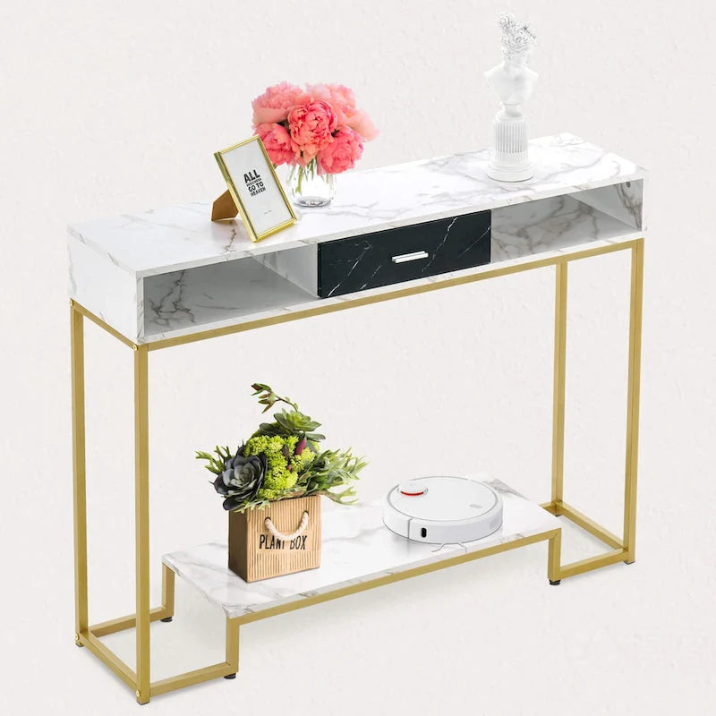 Gold Wood Nordic Console Table with Drawer & 2 Shelves