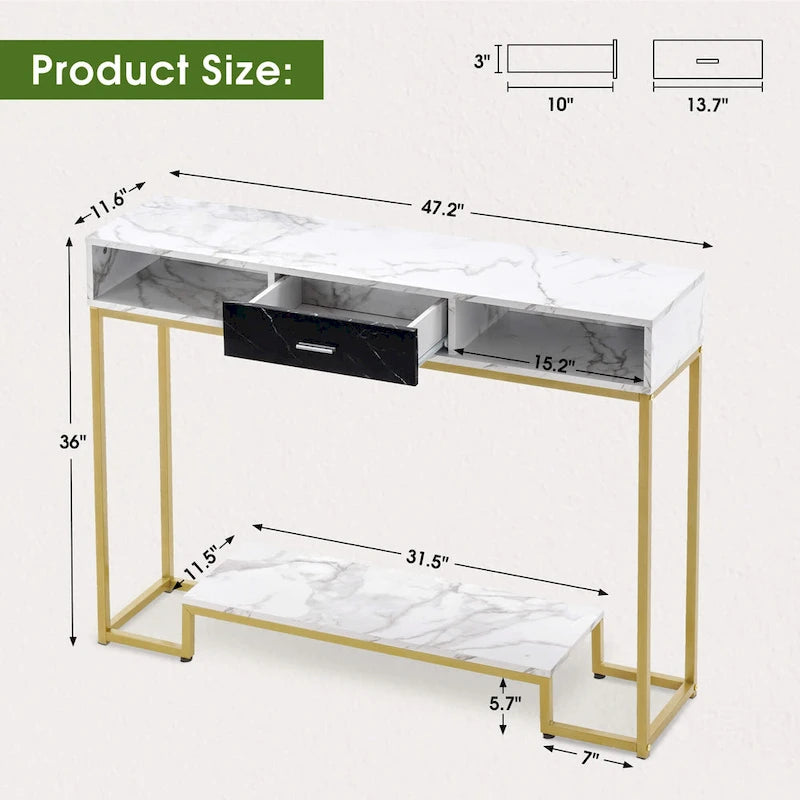 Gold Wood Nordic Console Table with Drawer & 2 Shelves