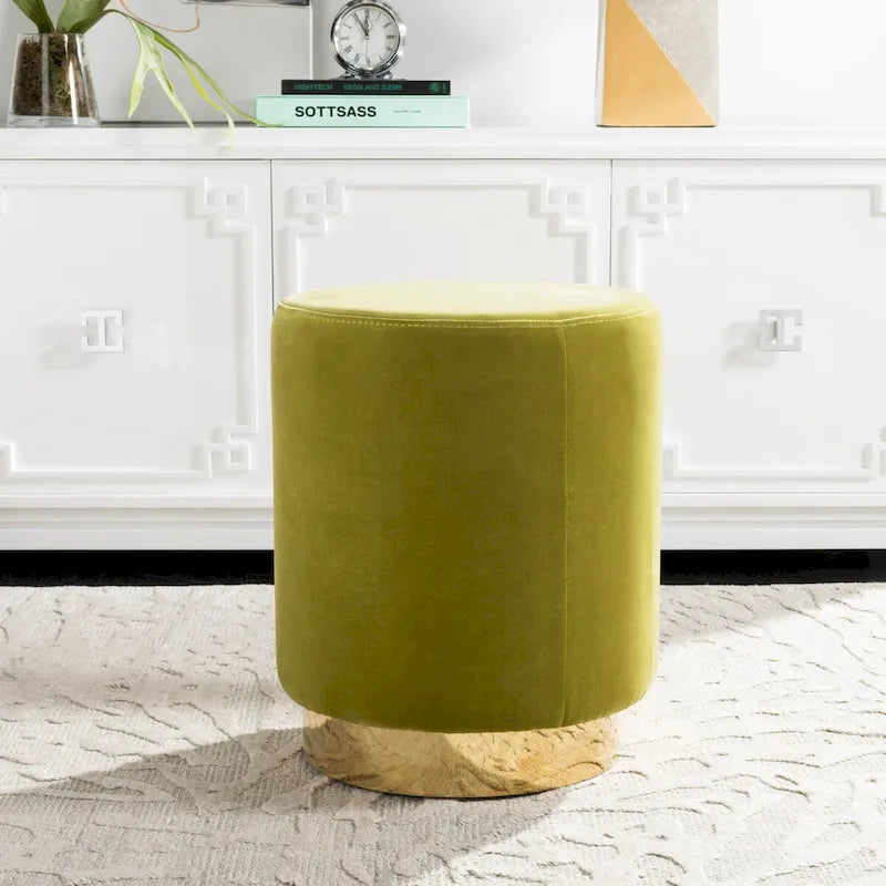 Velvet Ottoman with Brass Base, Single Seat – Navy / Brass