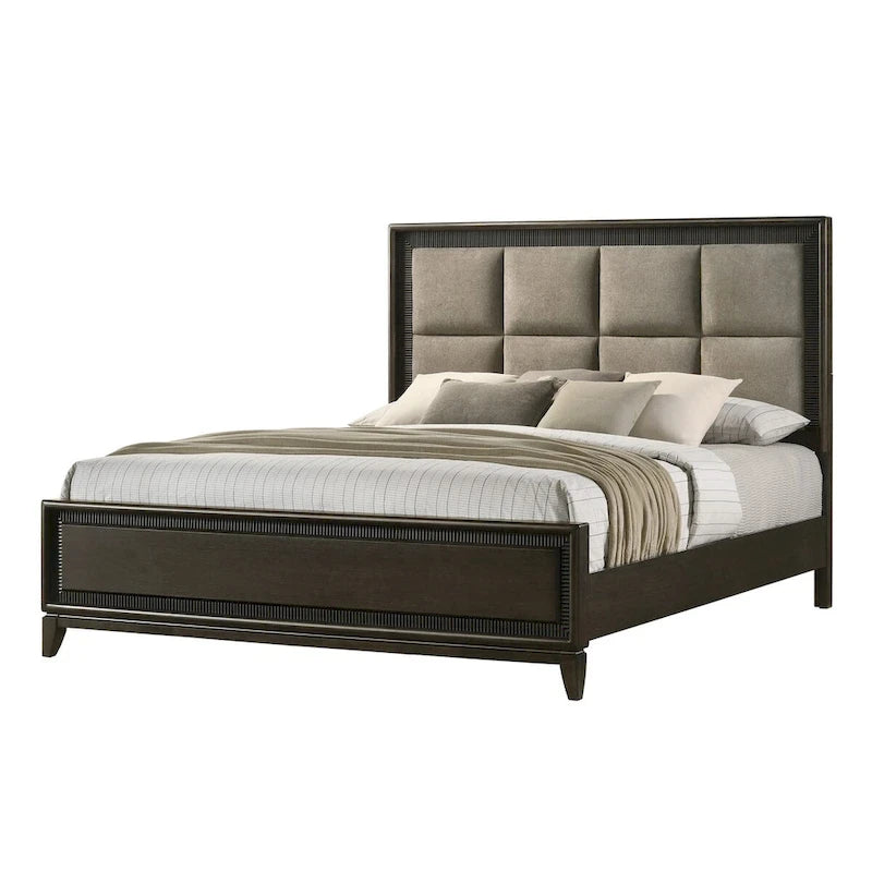 Ensemble de chambre à coucher 5 pièces Milana noir moderne contemporain en bois massif et placages avec tissu