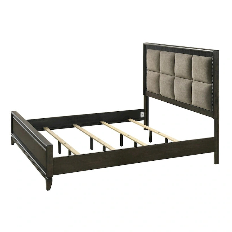 Ensemble de chambre à coucher 5 pièces Milana noir moderne contemporain en bois massif et placages avec tissu