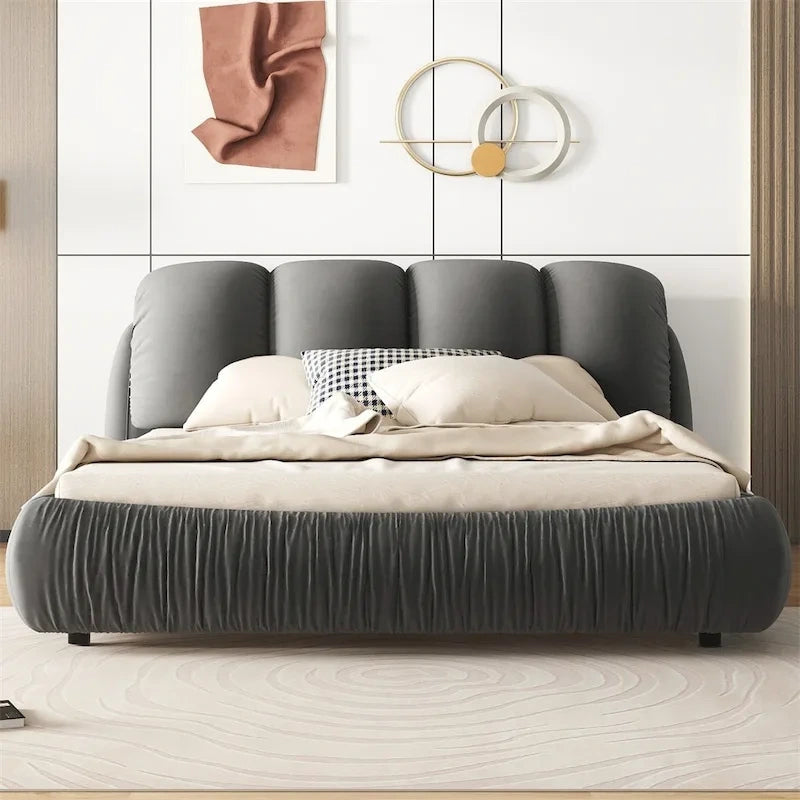 Upholstered King Bed with Pleated Padded Headboard – Velvet & Leather, Sleeps 2