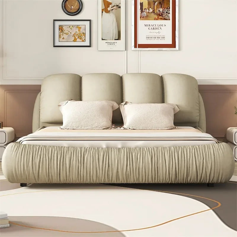 Upholstered King Bed with Pleated Padded Headboard – Velvet & Leather, Sleeps 2