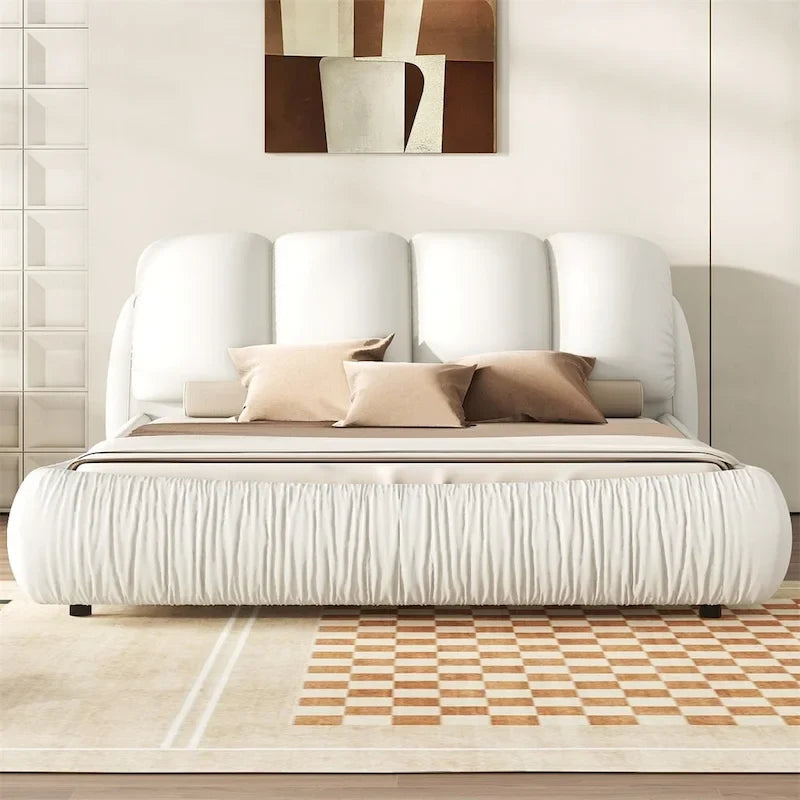 Upholstered King Bed with Pleated Padded Headboard – Velvet & Leather, Sleeps 2