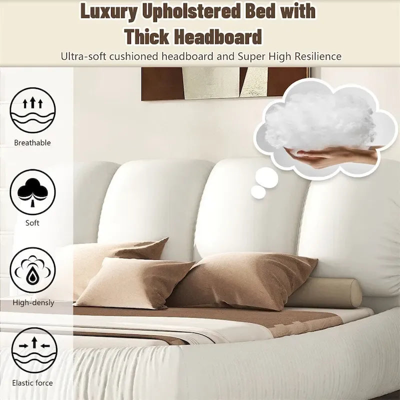 Upholstered King Bed with Pleated Padded Headboard – Velvet & Leather, Sleeps 2