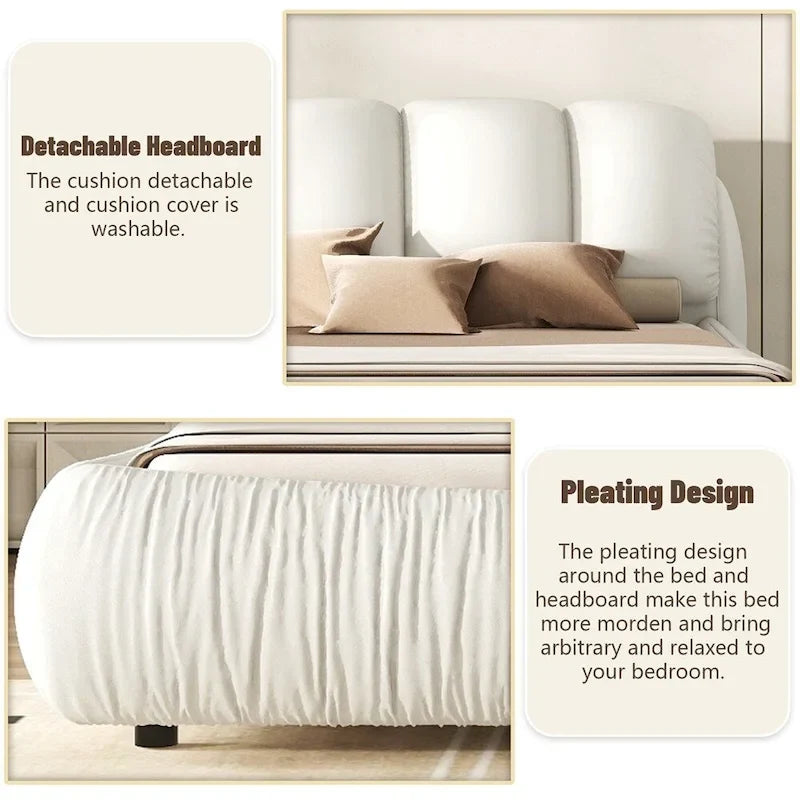 Upholstered King Bed with Pleated Padded Headboard – Velvet & Leather, Sleeps 2