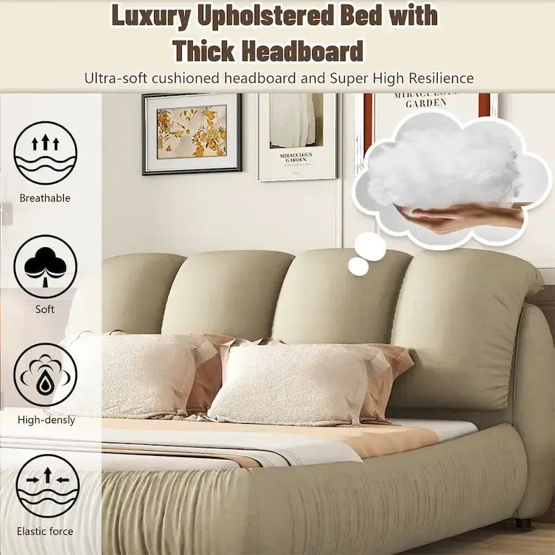 Upholstered King Bed with Pleated Padded Headboard – Velvet & Leather, Sleeps 2