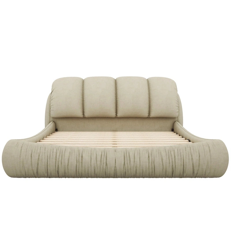 Upholstered King Bed with Pleated Padded Headboard – Velvet & Leather, Sleeps 2