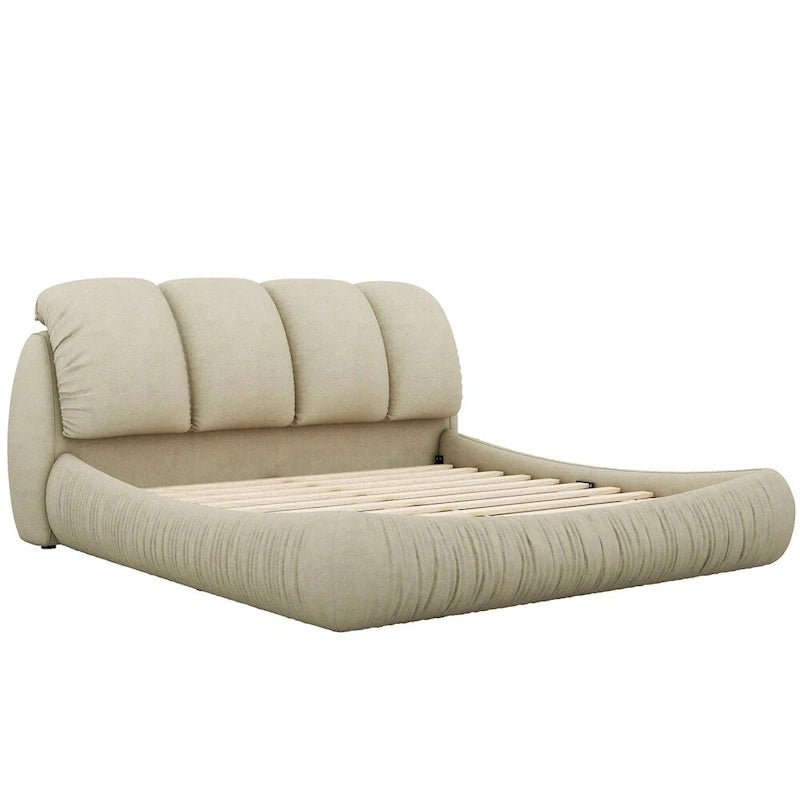 Upholstered King Bed with Pleated Padded Headboard – Velvet & Leather, Sleeps 2