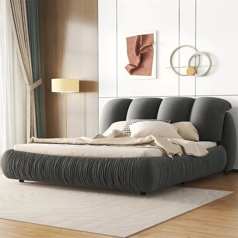 Upholstered King Bed with Pleated Padded Headboard – Velvet & Leather, Sleeps 2