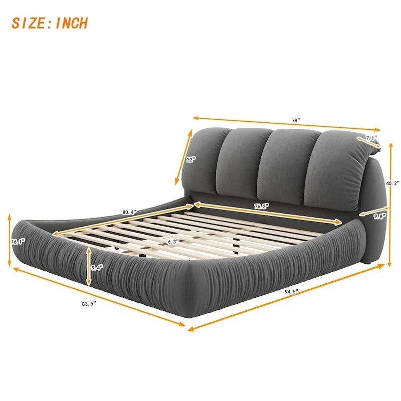 Upholstered King Bed with Pleated Padded Headboard – Velvet & Leather, Sleeps 2