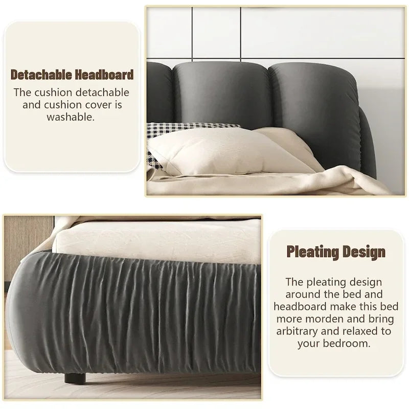 Upholstered King Bed with Pleated Padded Headboard – Velvet & Leather, Sleeps 2