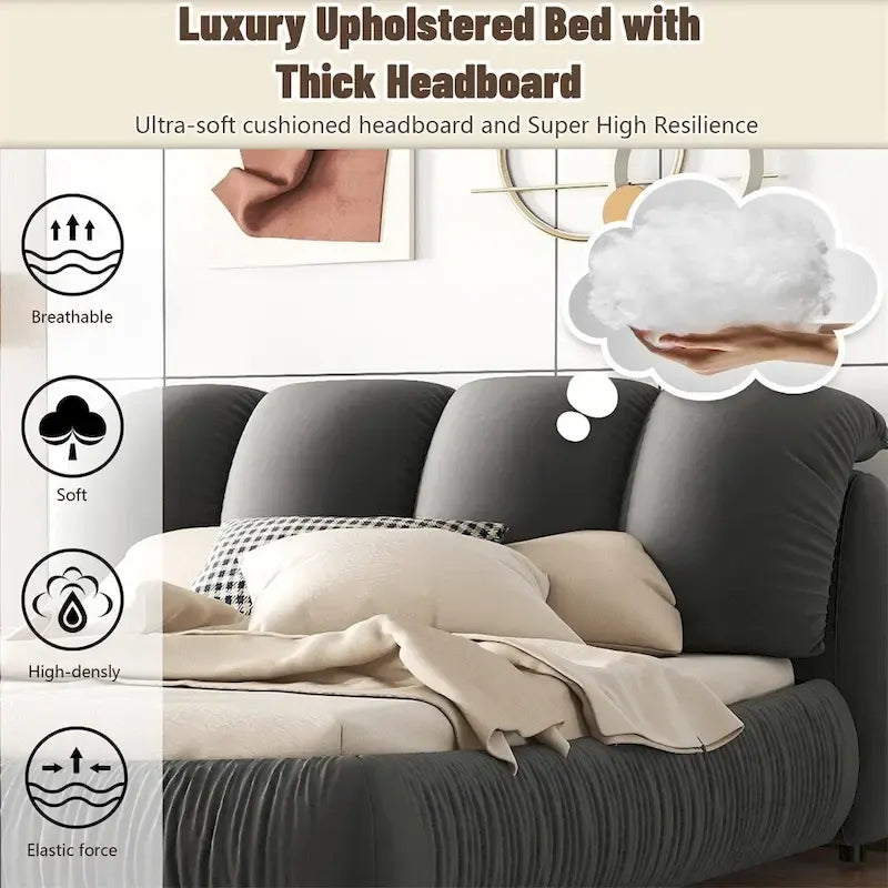 Upholstered King Bed with Pleated Padded Headboard – Velvet & Leather, Sleeps 2