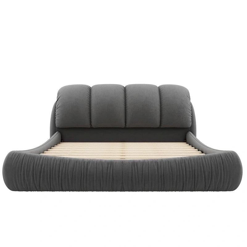 Upholstered King Bed with Pleated Padded Headboard – Velvet & Leather, Sleeps 2