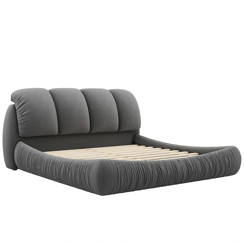 Upholstered King Bed with Pleated Padded Headboard – Velvet & Leather, Sleeps 2