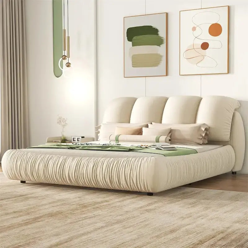 Upholstered King Bed with Pleated Padded Headboard – Velvet & Leather, Sleeps 2