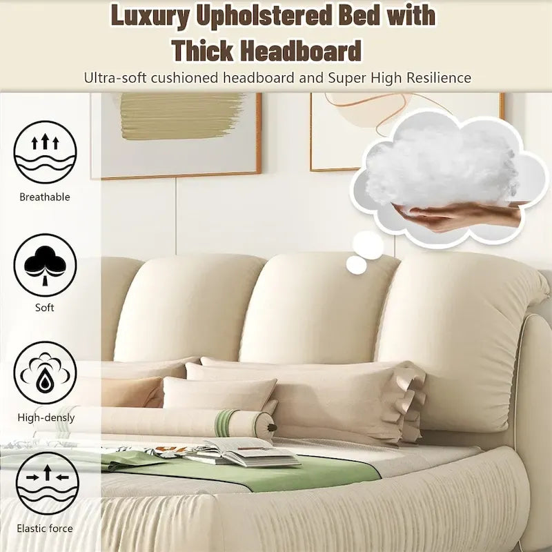 Upholstered King Bed with Pleated Padded Headboard – Velvet & Leather, Sleeps 2