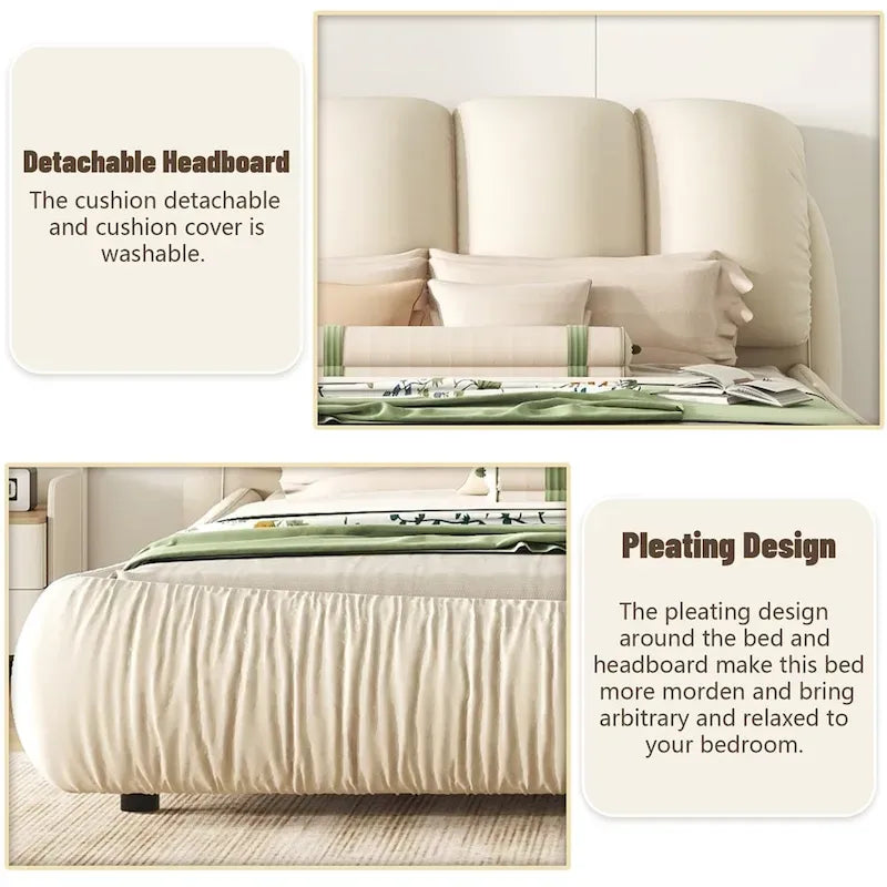 Upholstered King Bed with Pleated Padded Headboard – Velvet & Leather, Sleeps 2