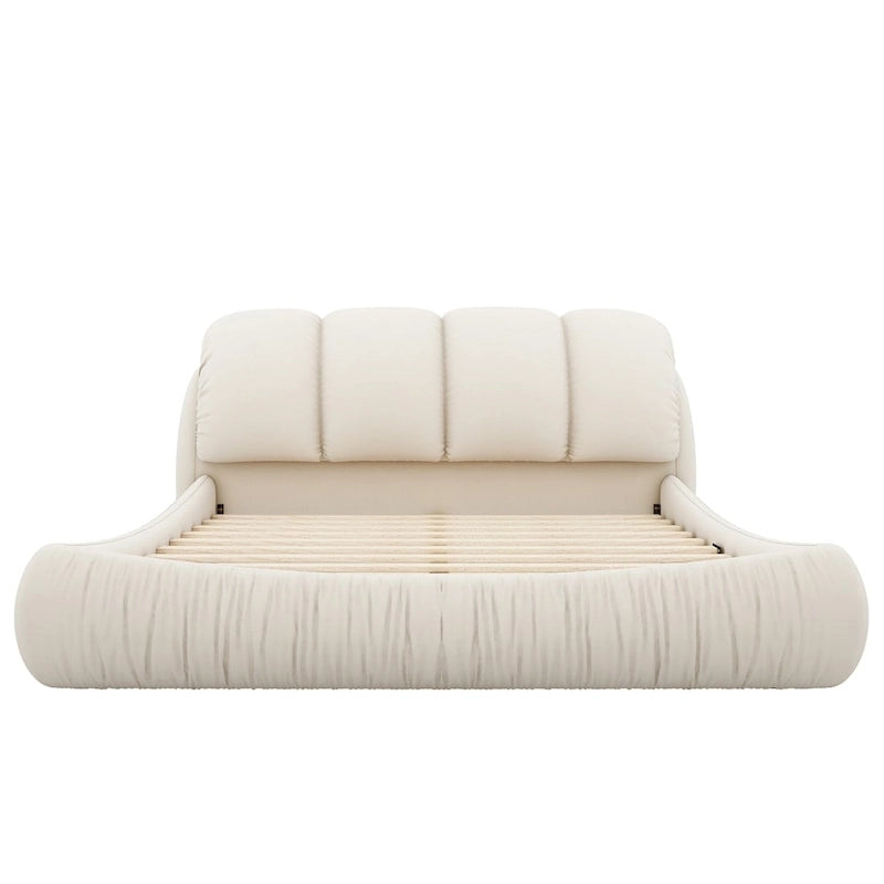 Upholstered King Bed with Pleated Padded Headboard – Velvet & Leather, Sleeps 2