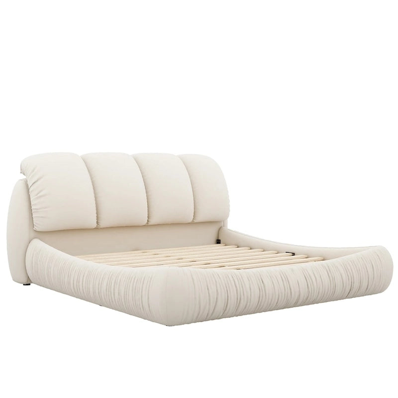 Upholstered King Bed with Pleated Padded Headboard – Velvet & Leather, Sleeps 2