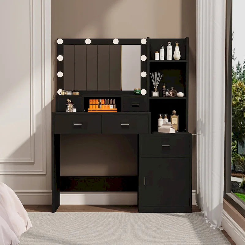 Coiffeuse noire avec lumières et tiroirs, 1 personne