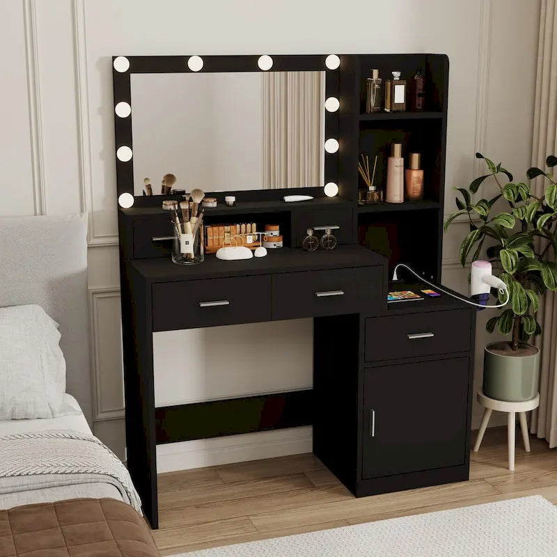 Coiffeuse noire avec lumières et tiroirs, 1 personne